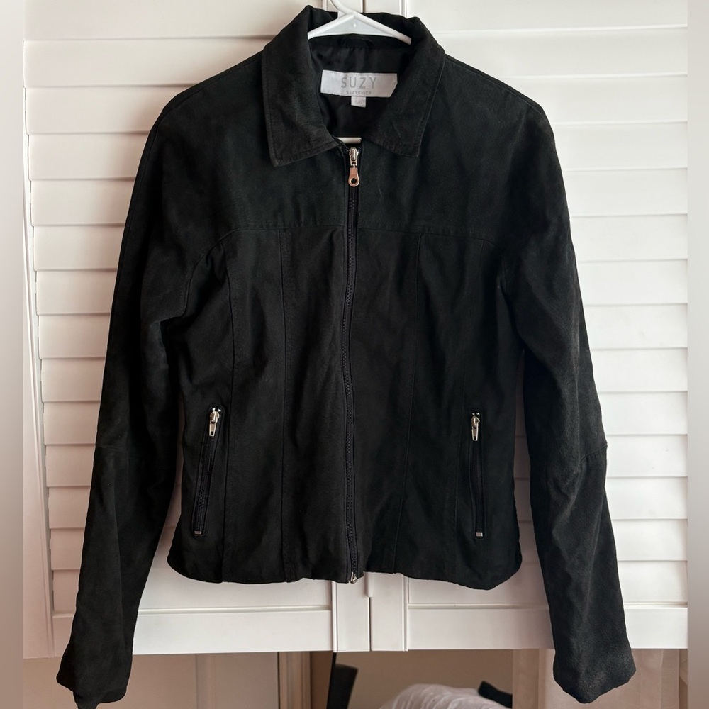 100% Suede Leather Jacket, black, size large